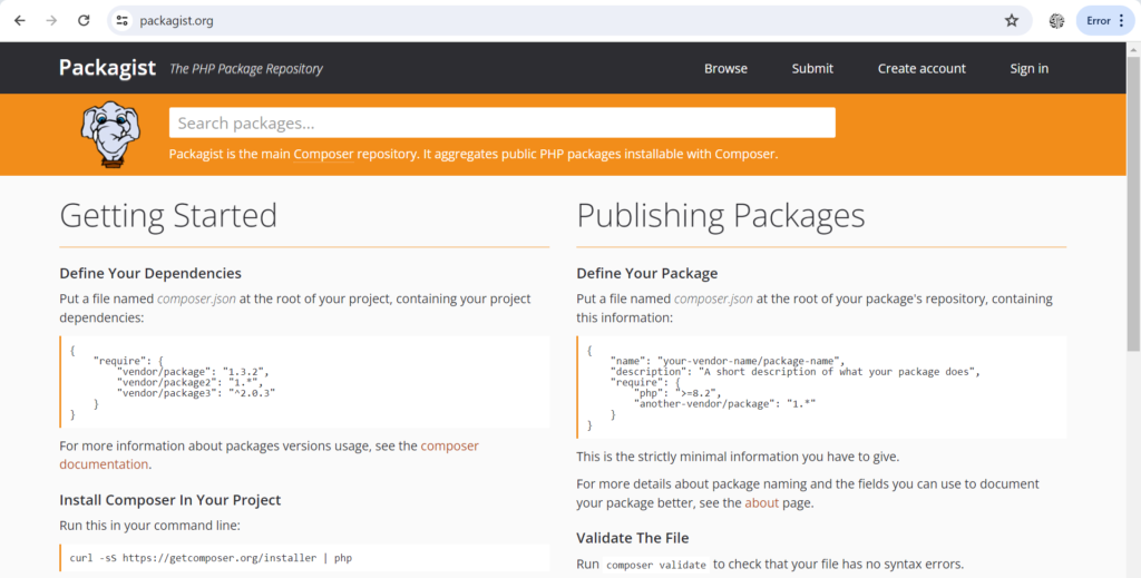 packagist website screenshot